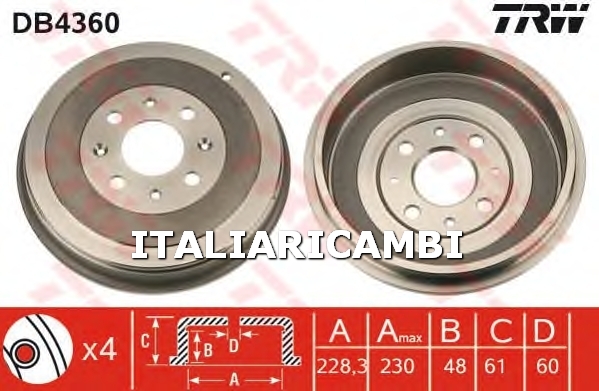 2 TAMBURI FRENO  POSTERIORI TRW FIAT, VAUXHALL, OPEL
